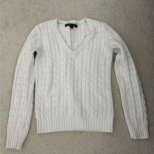 White Cable Knit V-Neck Sweater